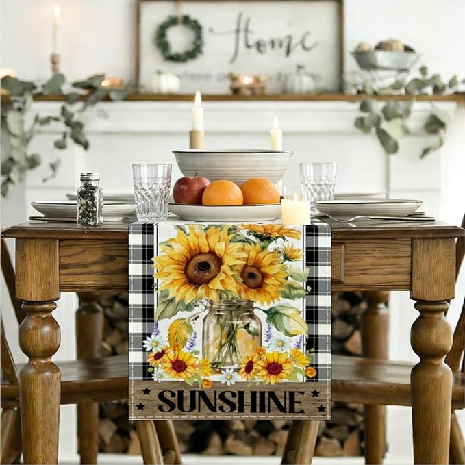 Sunflower Table Runner, Buffalo Floral Table Runners 13x72 inches, Sunflower Living Room Kitchen Dining Decor for Seasons Spring Summer Fall Farmhouse Home Party Indoor Outdoor Decor