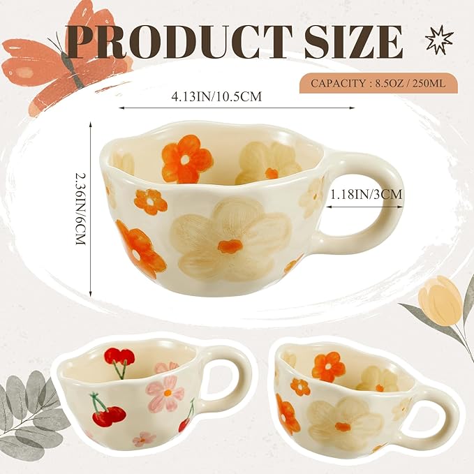 Vesici 2 Pcs Ceramic Coffee Mugs with Spoon, Vintage Floral Spring Mugs with Handle, 8.5 oz Aesthetic Flower Porcelain Tea Cup Set, Dishwasher & Microwave Safe Mothers Day Gifts for Mom(Fresh)
