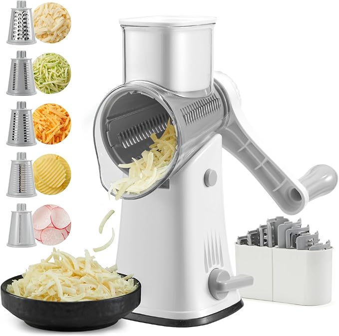 Rotary Cheese Grater Hand Crank, 5 blades Cheese shredder, Stronger Suction, Easy to Clean for Fruit, Vegetables, Nuts, White