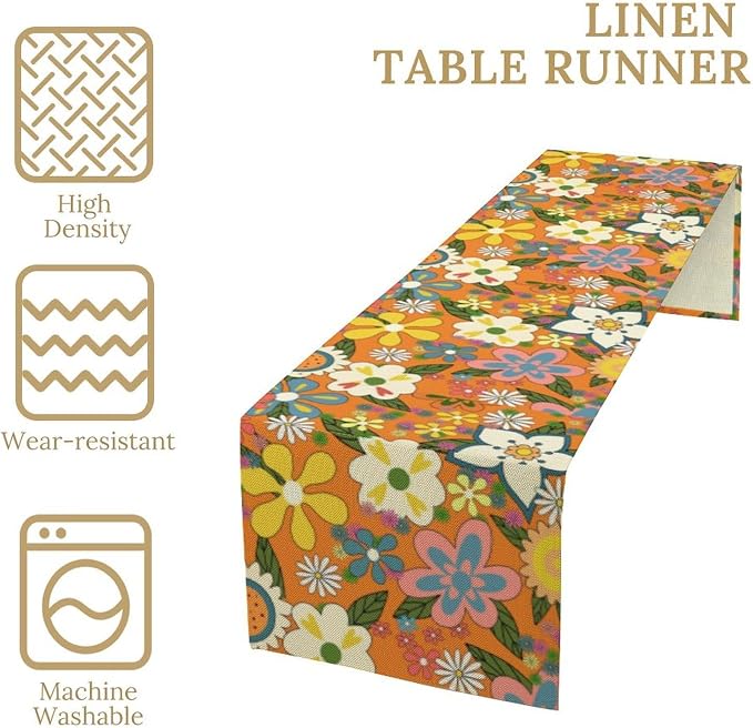 Retro Floral Table Runner,Vintage 70s Hippie Summer Groovy Daisy Flower Table Runner for Home Kitchen Dining Table Party Holiday Decor 13"x90"