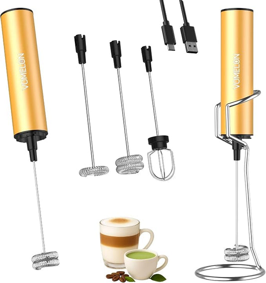 Rechargeable Milk Frother with Stand, Electric Whisks Foam Maker, POWERFUL USB C 2 Speed Handheld Drink Mixer for Coffee, Latte, Cappuccino, Matcha Drinks,Golden