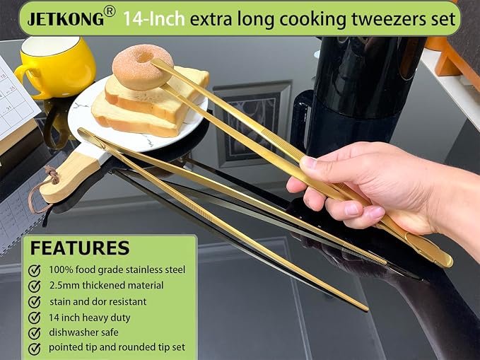JETKONG 2 Pcs 14-Inch Cooking Tweezers Extra Long Stainless Steel Food Tweezers Kitchen Tweezer Tongs (Gold)