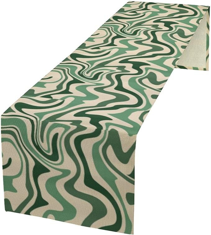 Retro 70s Groovy Table Runner,Vintage Abstract Modern Art Green Boho Spiral Swirl Waves Farmhouse Country Dinner Runner for Home Kitchen Dining Table Party Holiday Decor 13"x60"