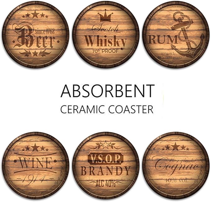 Britimes Set of 6 Coaster for Drinks Absorbent with Cork Base, Metal Holder, Wooden Texture Round Stone Drink Mat for Coffee Wood Table, Gift for Birthday, Farmhouse Housewarming Room Bar Decor