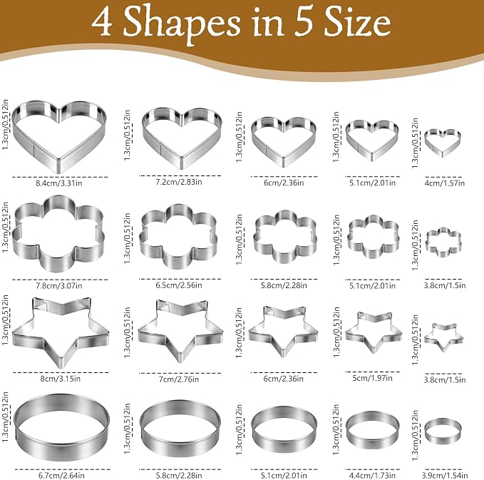 Ninsula Cookie Cutters 20P, Stainless Steel Cookie Cutters Variety Pack, Heart, Flower, Round, Star Shapes Clay Molds for Baking, Art Crafting or Party Decorations