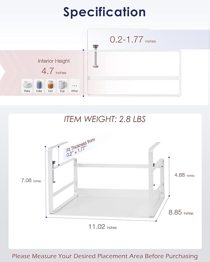 Nxconsu Under Shelf Basket Storage Organizer 2 Pack, Small 11" White | Heavy-Duty Metal Under Shelf Basket Holds 30 lbs, No-Drill Knob-Lock Storage Organizer for Kitchen Cabinet Pantry Cupboard