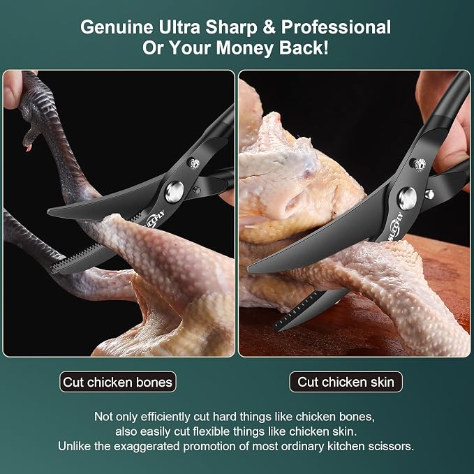 SUCCFLY Kitchen Shears Heavy Duty, Premium Kitchen Scissors Stainless Steel, 8.8" Poultry Shears Ultra Sharp for Bone Chicken Meat, Food Scissors Anti-Slip Handle, Black Titanium Plated, Spring Loaded
