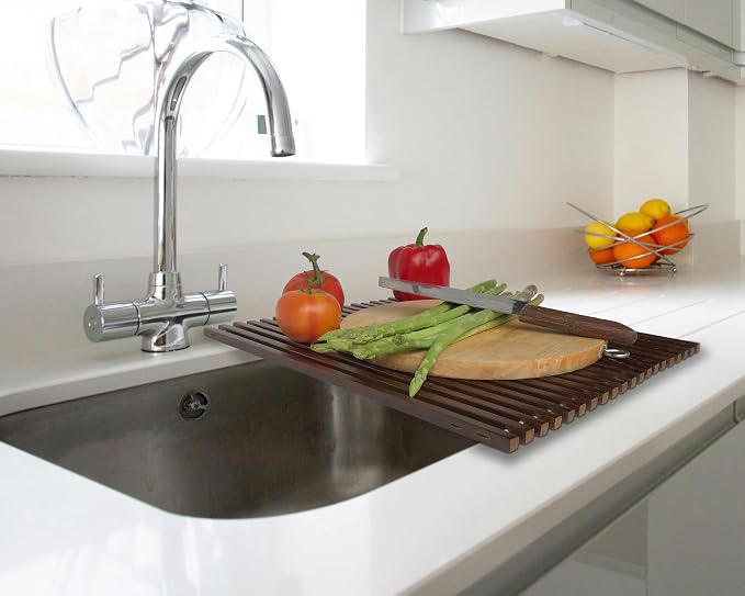 Roll Up Wooden Drying Rack Over The Sink Kitchen, Cover Sink Dry Dishes Bowl Spoon Quickly, Aesthetics and Finishes Coating, Neat Design Stain-Resistant Easy to Dry (Dark Walnut color)
