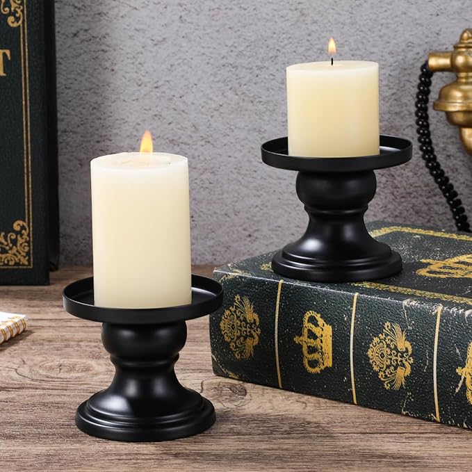 Abaodam Metal Candle Holders Set of 2, Reversible Pillar and Taper Candle Holder Stand for Fireplace, Table Centerpiece and Farmhouse Home Decor (Black)