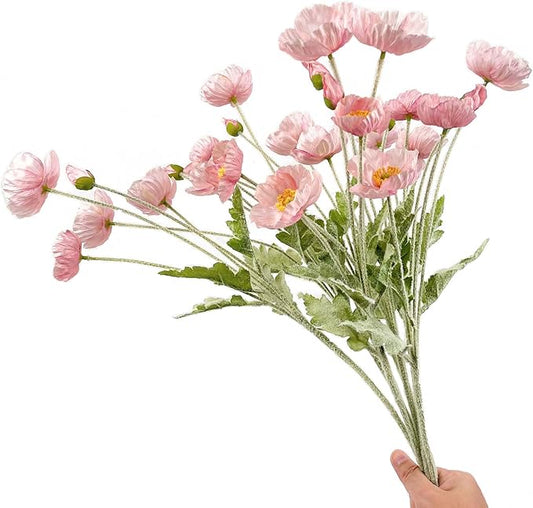 Set of 6 Poppies Flowers Artificial Silk Flowers with Long Stems Faux Wildflowers Bouquet for Vases Oil Pastel Style for Wedding Party Indoor Home Office Decor (Opal Pink)