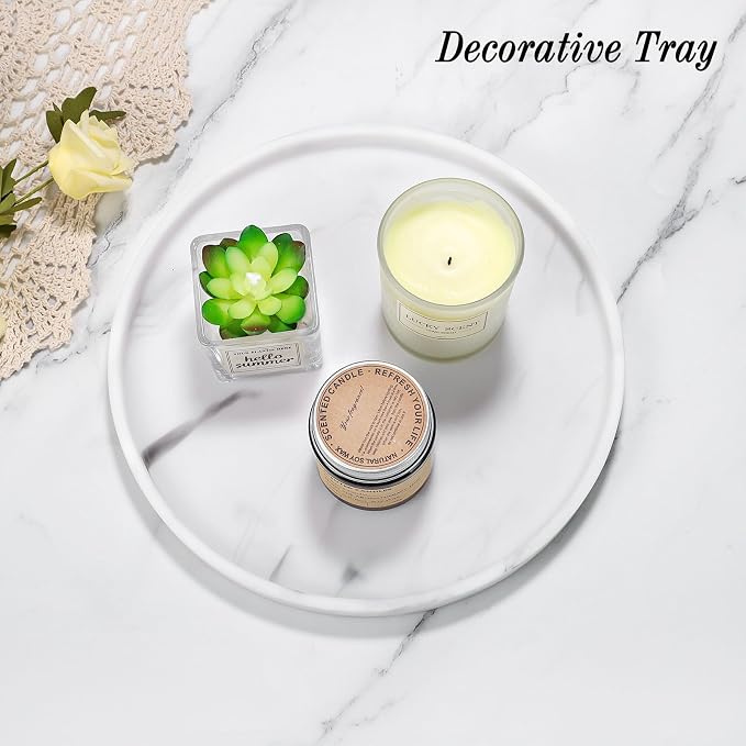 Luxspire Round Vanity Tray, 10.63 Inch Bathroom Vanity Tray Resin Kitchen Tray, Countertop Organizer Tray for Perfume Dresser Jewelry Candle, Coffee Table Decorative Tray, Marble White
