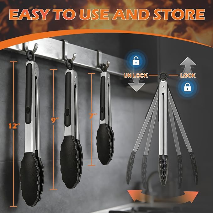 TACGEA Stainless Steel Kitchen Tongs with Silicone Tips, Locking Grilling Food Tongs, 7" 9" and 12", Set of 3 Black