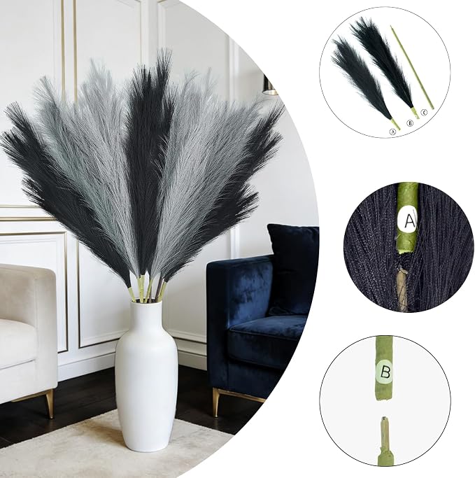 TORONTOKYO 8Pcs Black and Grey Faux Pampas Grass Tall Decor, 35.4” Fluffy Artificial Pompous Grass Branches, Large Pampas Grass Reed Stems for Floor Vase Filler, Wedding, Baby Shower, Home Boho Decor