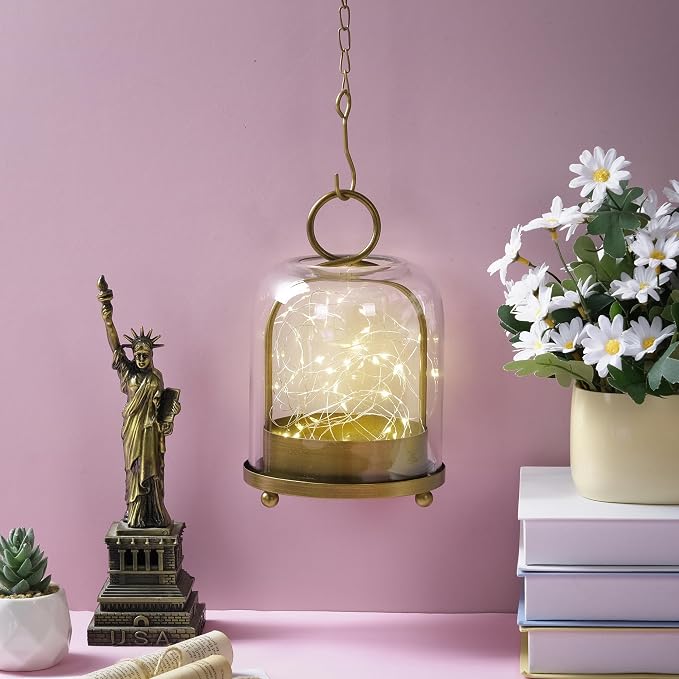 5"x7.5" Versatile Modern Metal Hurricane Lantern with Handmade Sturdy Glass Dome in Antique Brass for 3" Pillar Candle & Plants, Industrial, Farmhouse, Shabby Chic (Brass, 5"x7.5" for 3" Pillar)