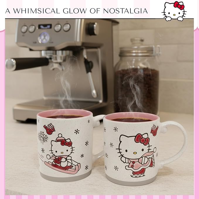 Blue Sky Clayworks Hello Kitty Holiday Winter Sports Mug Set of 2, Ceramic, 21 oz Each, Snowy Sled & Skate