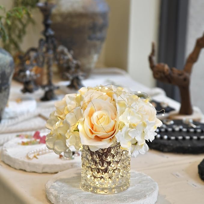 Rose Silk Flower Arrangement Artificial Vivid Rose in Glass Vase with LED Light Elegant Centerpiece for Home Wedding Bathroom Table Shelf Decoration (Champagne)