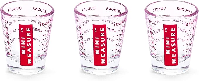 Kolder Mini Measure Multi-Purpose Shot Glass, Heavyweight Glass, Red, Set of 3, For Liquid And Dry Ingredients And Precise Recipe Prep
