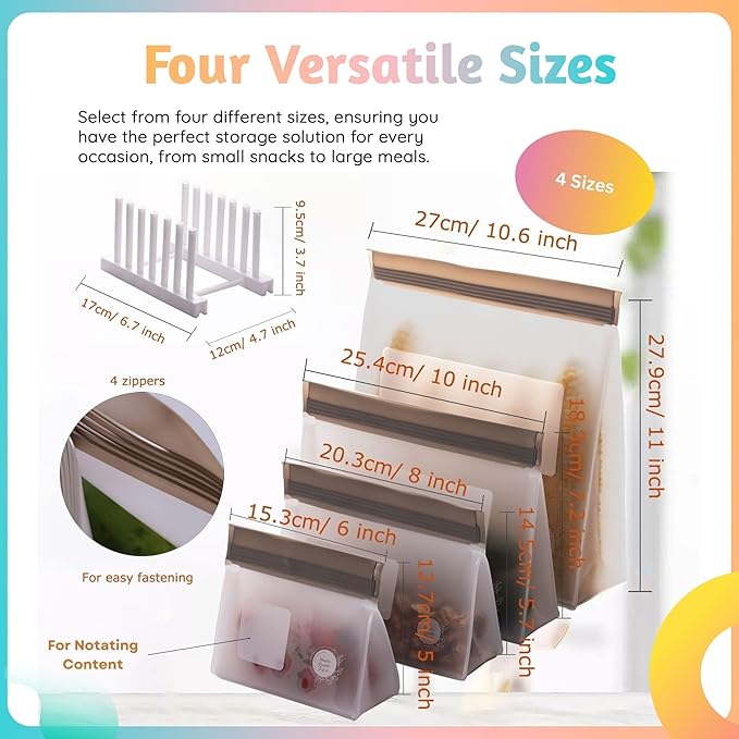 Reusable Food Storage Bags – 10-Pack Stand-Up, BPA-Free, Freezer, Dishwasher Safe & Eco-Friendly – 5 Gl, 5 L Bags – Airtight Leakproof Ziplock Bags for Kitchen Storage (Grey)