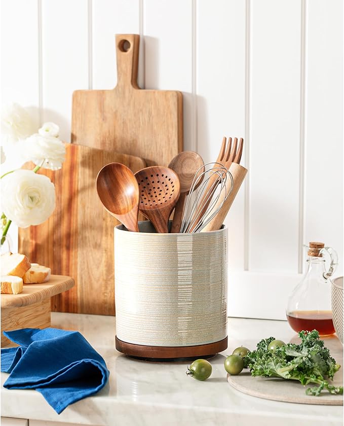 Utensil Holder, 360° Rotating Extra Large Ceramic Kitchen Utensil Holder for Countertop, 7.3" Cooking Utensil Crocks with Rotatable Wooden Base, Farmhouse Decor, Dusty Gray