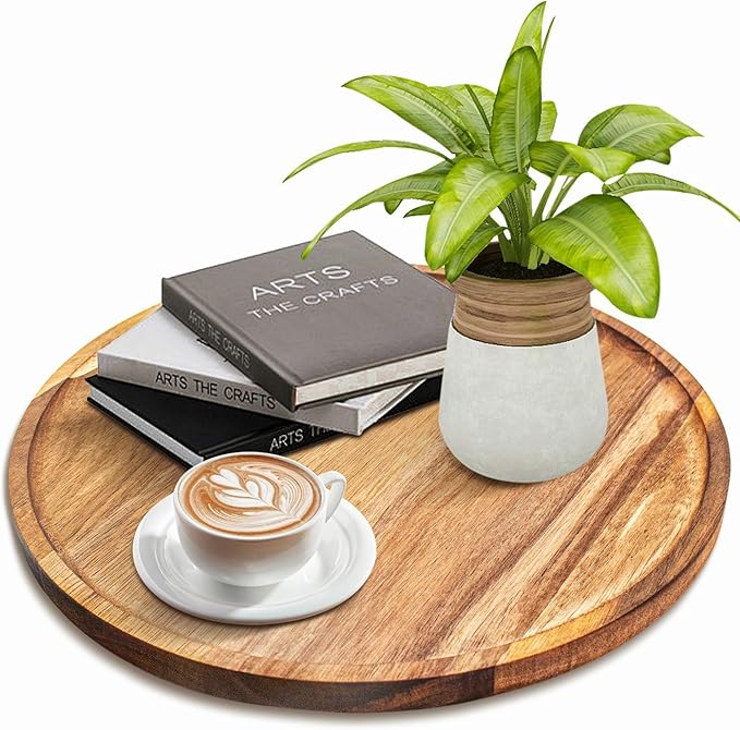 11.5 Inches Round Acacia Wood Tray, Decorative Serving Tray for Home Decor, Coffee Table, Kitchen, Dining Room, Candle Tray, Appetizer Board