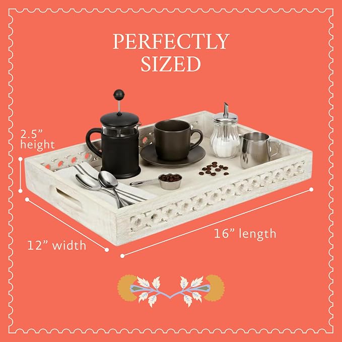 Mela Artisans Trellis Whitewash Mango Wood Serving Tray with Handles – Handcrafted Wooden Tray for Coffee Table, Kitchen Countertop, Snacks & Home Decor – Medium, 16 x 12 x 2.5