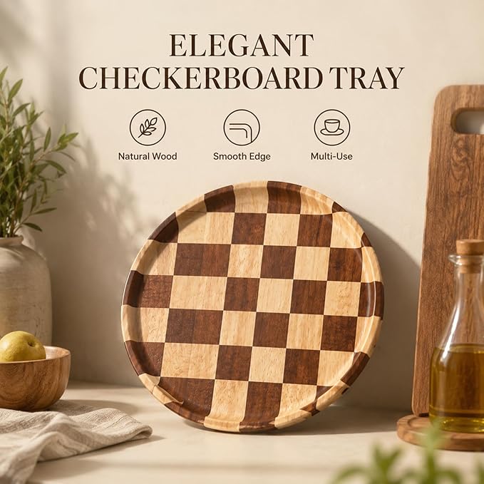 11 Inch Checkered Tray Round Wooden Trays for Decor, Acacia Wood Decorative Plate for Coffee Table, Kitchen Counter, Bathroom Vanity, Candle Holder & Table Centerpiece