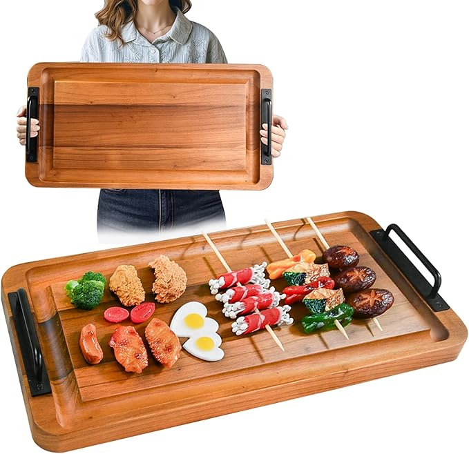 Large Wooden Charcuterie Boards with Handles, Extra Long Wood Serving Tray Platters,Rectangular BBQ Meat Cutting Cheese Board for Party Appetizers,Home & Outdoor 23.6x11.8x1.1”