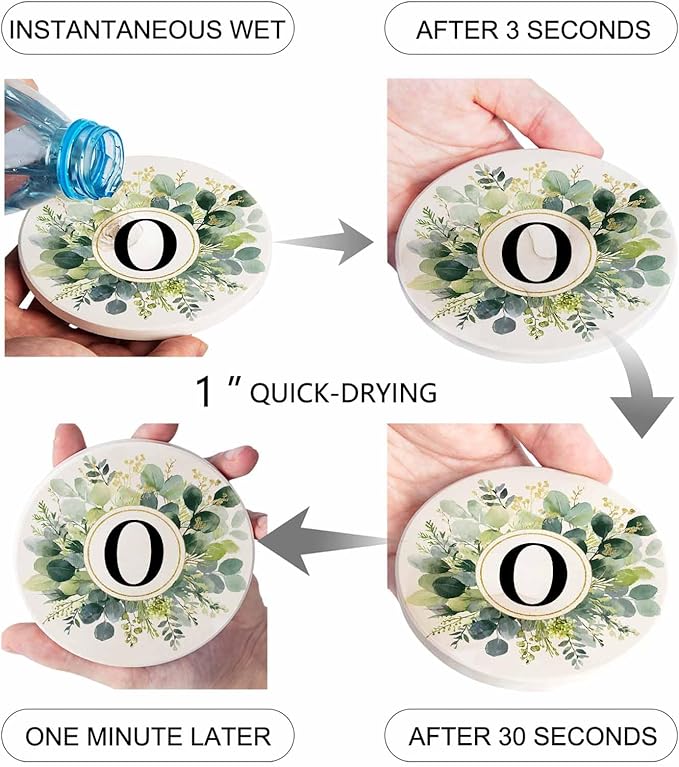 Coasters Set of 6 Letter O Drink Coasters with Holder Absorbent Stone Ceramic Cup Mat Alphabet Green Eucalyptus Leaves Coaster for Drinks Coffee Bar Office Kitchen Cafe Home Decor