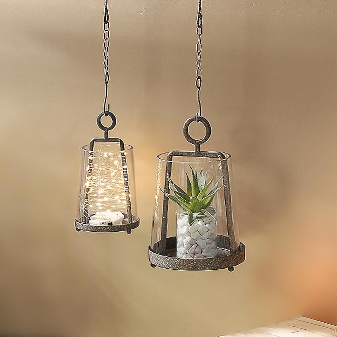 6" & 4" Wide Modern Farmhouse Metal Hurricane Candle Holder with Handmade Sturdy Glass Sleeve in Rustic Brown for Pillar Candle & Plants, Glass Hurricane Lantern, Industrial, Minimalistic