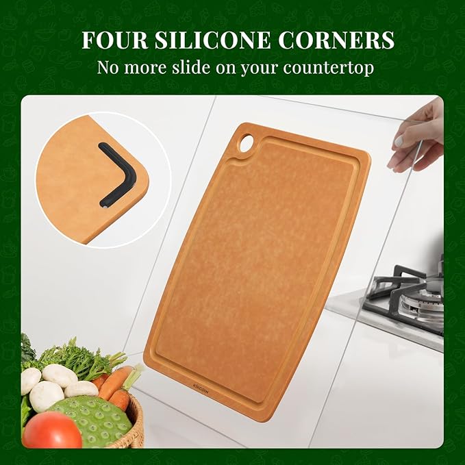 Kikcoin Wood Cutting Board, Cutting Boards for Kitchen Dishwasher Safe Non-slip Chopping Board with Juice Groove, Wood Fiber Composite Cutting Board with Hanging Hole, 14.6"*10.8"