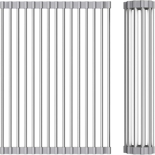 Foldable Over Sink Dish Drying Rack - Stainless Steel Sink Drain Rack with Silicone Edges, Roll-Up Storage for Kitchen, RV, Dorm Sinks (14.5×11.4in)