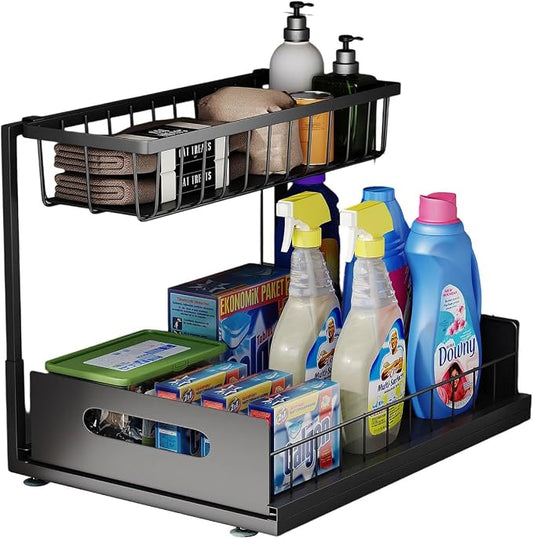 Under Sink Organizer, 2 Tier Pull-Out Cabinet Storage Shelf, Rust-Resistant Metal Organizer for Kitchen Bathroom Laundry Room, No Tools Installation, 1 Pack Black