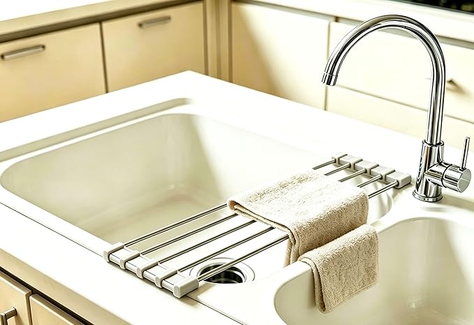 Ahyuan Roll up Dish Drying Rack Over The Sink Kitchen Roll up Sink Drying Rack Portable Dish Drainer Foldable Dish Drying Rack (Warm Gray, 17.8''X3.7'')