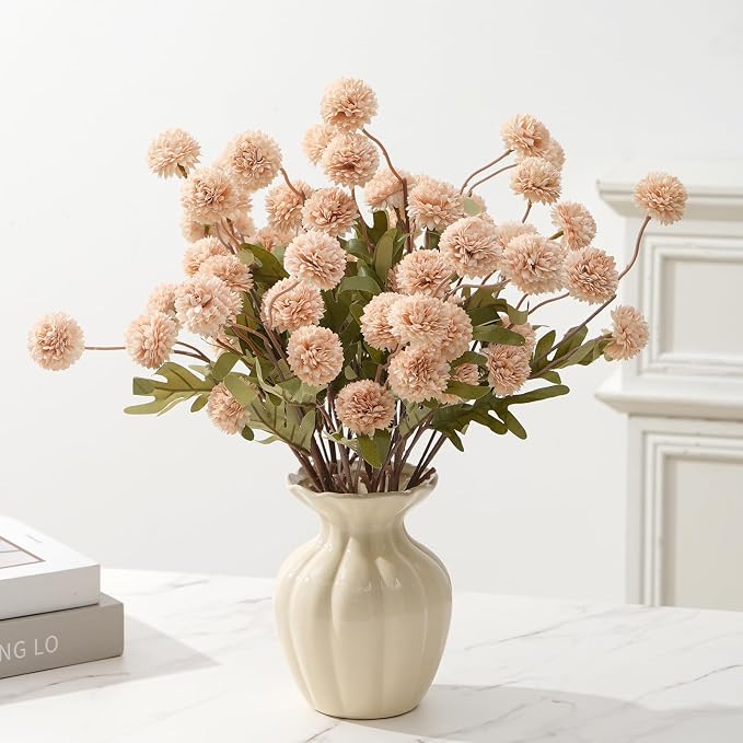 trytuny Fake Fall Flowers for Vase, Faux Silk Kiku Mums, Artificial Pom pom Floral Bouquets Indoor Centerpiece Office Coffee Table Boho Home Decorations (9, Khaki)