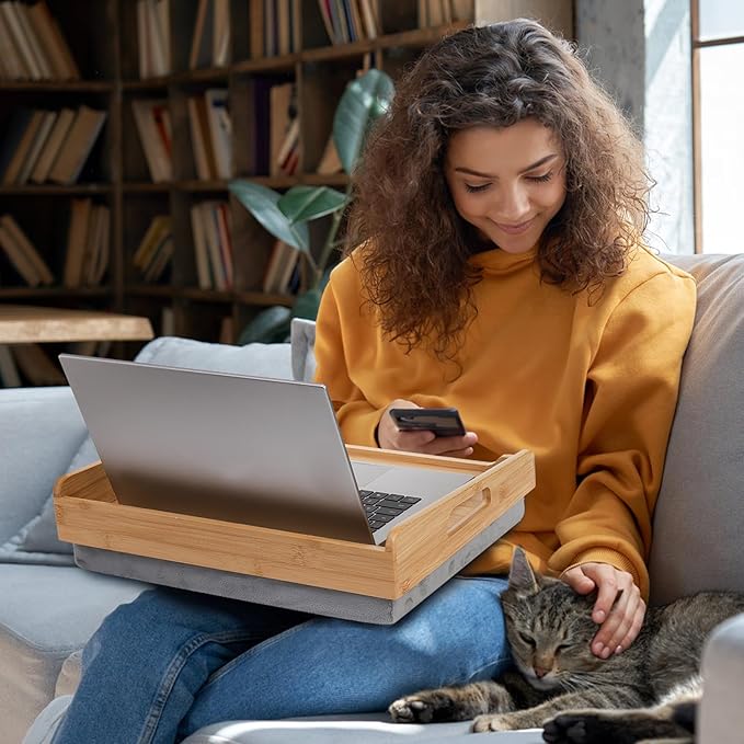TOPZEA Bamboo Lap Tray with Detachable Cushion, 16.5"x 12.5" Bed Trays TV Lap Desk, Breakfast Meal Serving Tray with Handle for Adults Eating in Recliner, Couch, Car, Fits for 13-14 Inch Laptops
