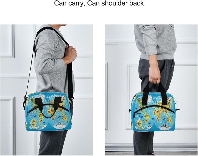 ALAZA Cute Blue Animal World Map Insulated Lunch Bag for Women Men Reusable Lunch Box Tote Bag Adjustable Shoulder Strap Cooler Bag Leakproof for Work School Picnic