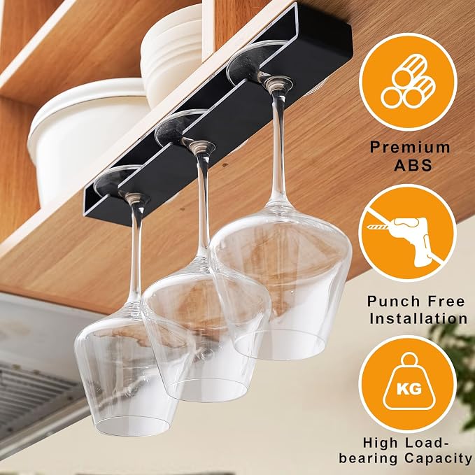 Wine Glass Holder, 2 Pack, No Drilling Required, Hanging Stemware Rack Organizer for Bar Cabinet Kitchen, Black