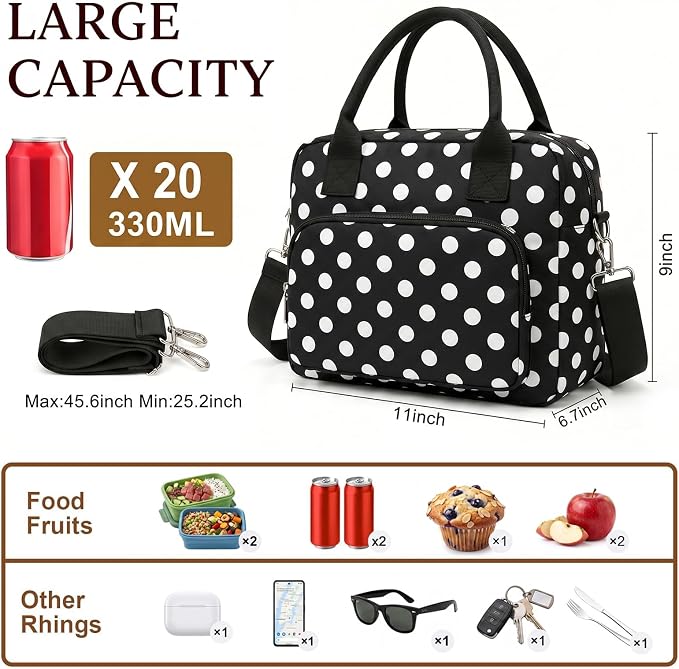 Insulated Lunch Bag for Women, Cute Polka Dot Large Capacity Leakproof Portable Thermal Lunch Box with Adjustable Shoulder Strap, Reusable Cooler Lunchbox Tote for Work Office Travel Picnic, Black,Big