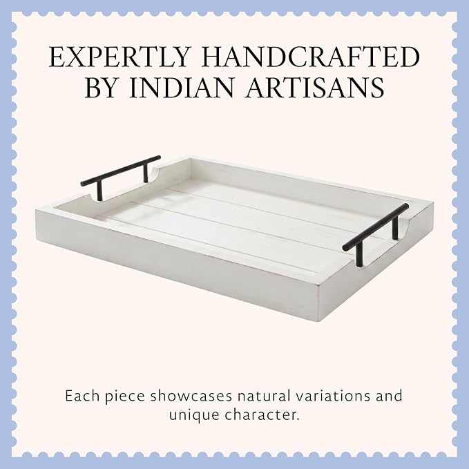 Mela Artisans 16 x 13 x 2.25 in Acacia Wood Serving Tray with Handles – Shabby White Rectangular Wooden Tray for Breakfast in Bed, Coffee Table Decor & Home Display