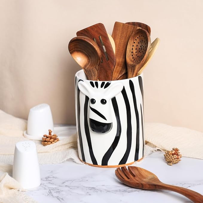 SOCOSY Zebra Shaped Ceramic Kitchen Utensil Holder For Countertop Large Cooking Utensil Crock Holder Spatula Holder, Kitchen Countertop Decoration-Black B