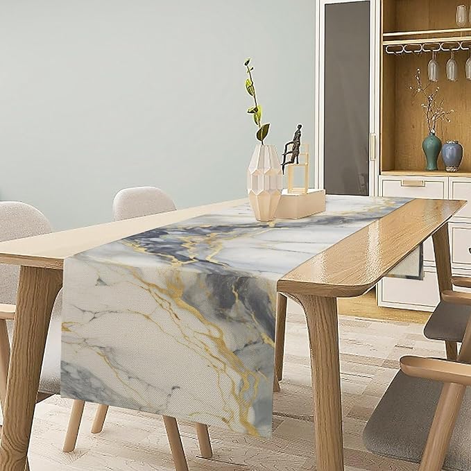 Marble Table Runner, Abstract White Grey and Gold Modern Luxury Texture Printed Linen Table Runners for Living Room Kitchen Dining Room Party Holiday Home Decor 13" W x 60" L