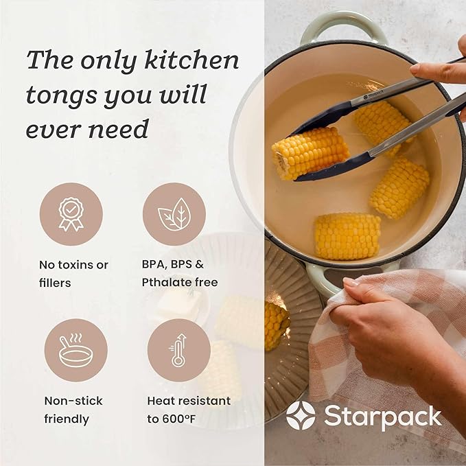 Starpack Get a Grip Silicone Kitchen Tongs (12 Inch) - LFGB Non Toxic, 600°F Heat Resistant, BPA-Free - Heavy-Duty Stainless Steel, Locking - Dishwasher Safe for Nonstick Cookware Gray Black