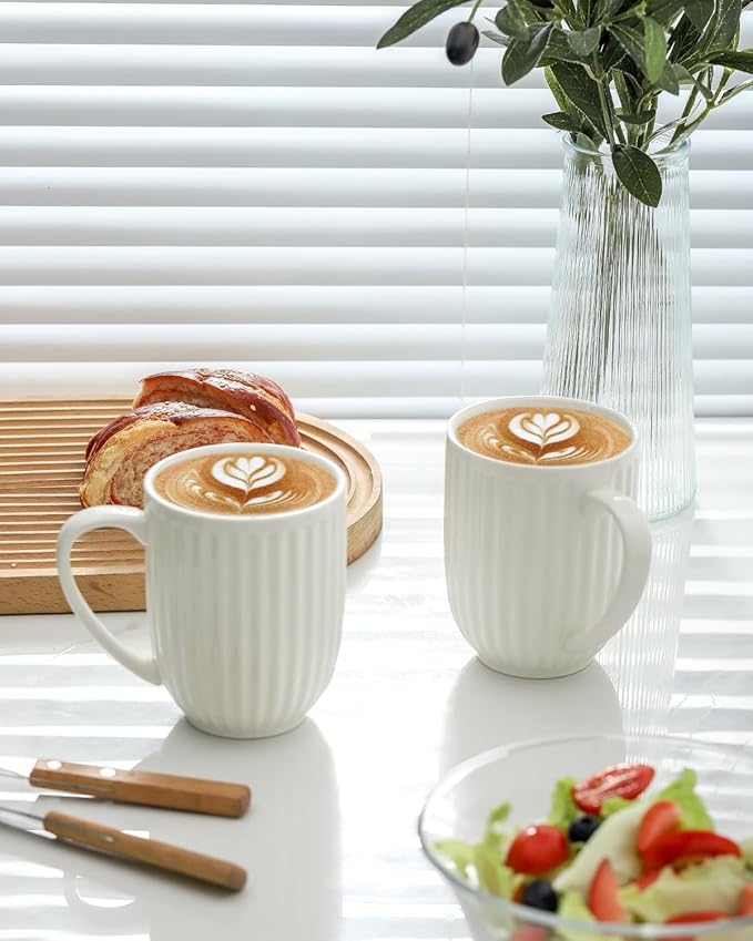 HASENSE Ceramic Coffee Mugs Set of 6, 16 Oz Large Ribbed Coffee Cups with Big Handle, Unique Modern Style White Latte Mugs for Tea,Cocoa,Milk,Cappuccino, Microwave & Dishwasher Safe