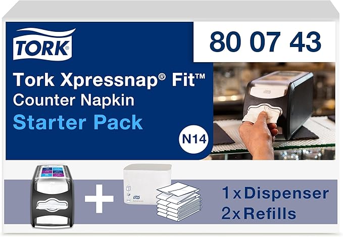 Tork Xpressnap Fit Counter Top Napkin Dispenser Starter Pack – 800743 – N14 Dispenser for Restaurants Include 2 x 120, 2-Ply, Natural Napkin Refill Packs