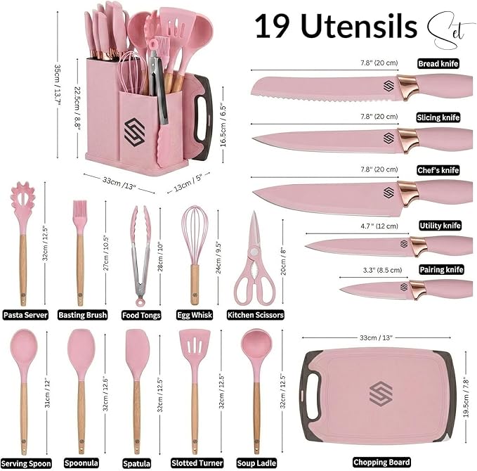 19 PCS Pink Silicone Cooking Utensils Set with Wooden Handle & Knife Set Block, Heat-Resistant Spatula, Spoon, Ladle, Whisk with Holder – BPA Free, Silicone Kitchen Utensil Set for Cooking & Baking