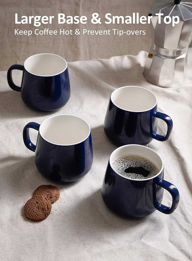 Teocera Ceramic Coffee Mug Set of 4-12 oz Coffee Mugs with Large Handles for Hot or Cold Drinks Like Latte, Cocoa, Tea or Juice - Smooth Ceramic, Dishwasher Safe, Navy