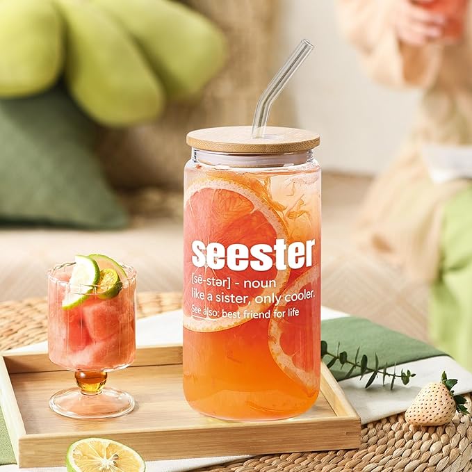 Sister Birthday Gifts - Sisters Gifts from Sister - Funny Best Friend Bestie Bff Sis Mothers Day Gift, Friendship Soul Sis Gift for Women, Present for Sisters - 16 Oz Seester Definition Glass Cup