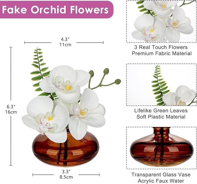 Oairse White Orchids Artificial Flowers Faux Orchids Arrangement in Amber Glass Vases Set of 3 Real Touch Phalaenopsis Orchid Flowers Small Fake Orchid Centerpiece for Dining Room Table