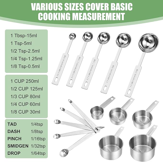 Measuring Cups and Spoons Set of 16,5 Nesting Metal Measuring Cups and 5 Measuring Spoons,1 Leveler and 5 Mini Measuring Spoons for Cooking,Baking,Dry and Liquid Ingredients