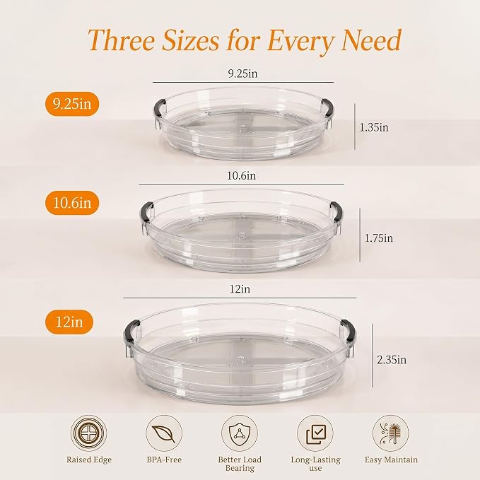 3 Pack Lazy Susan Organizer, Rotating Turntable Spice Rack for Kitchen Storage, Pantry, Cabinet, Fridge & Countertop, Condiment & Seasoning Holder, 9.25", 10.6", 12", Clear